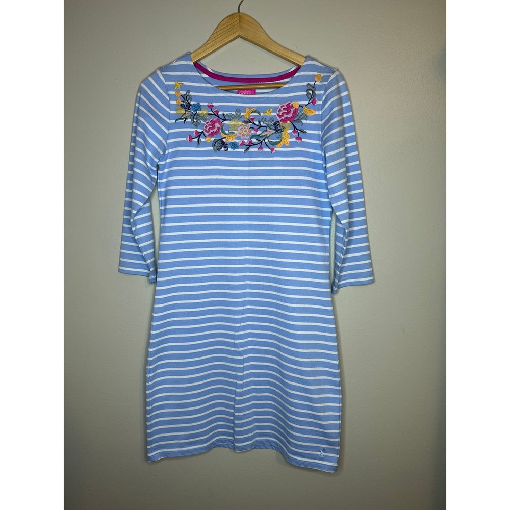 Joules Blue White Striped Floral Embroidered Cotton Shift Dress US 6 UK 10